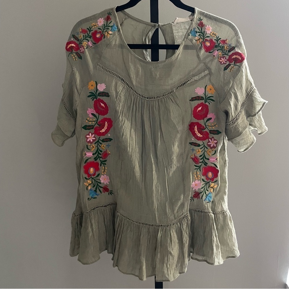 Altar'd State Olive Green Embroidered Blouse Size Small